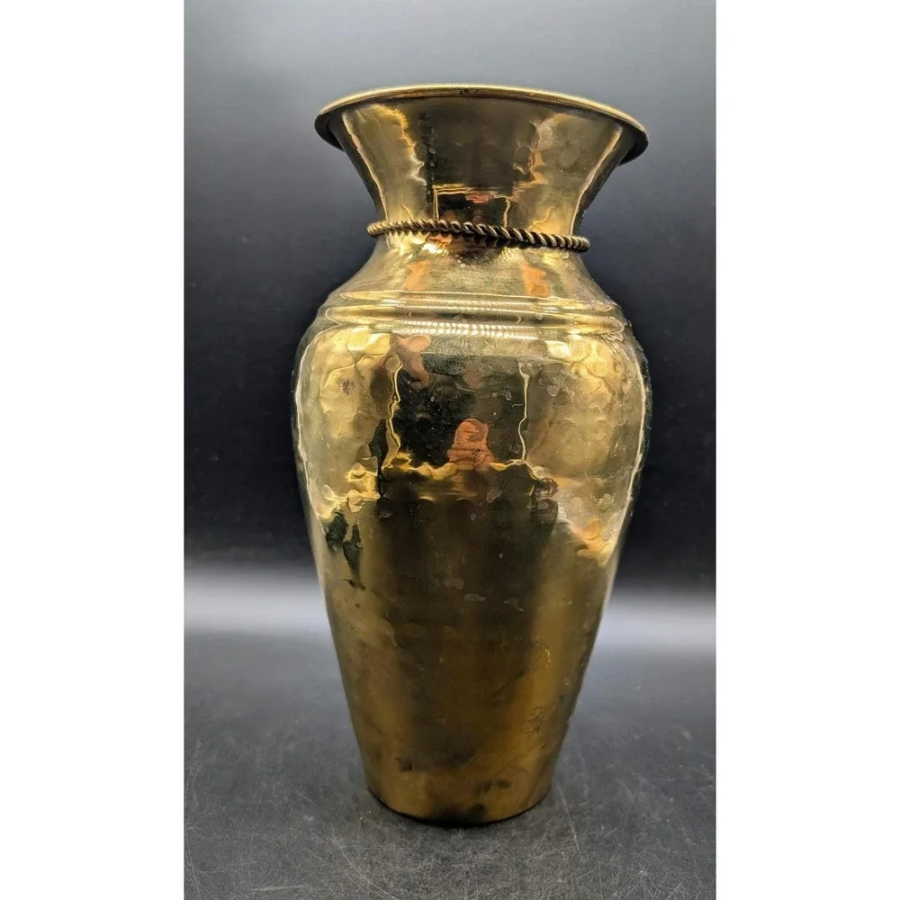 Vintage Hammered Brass Vase with Twisted Rope Tassel Detail Gold Urn Decor